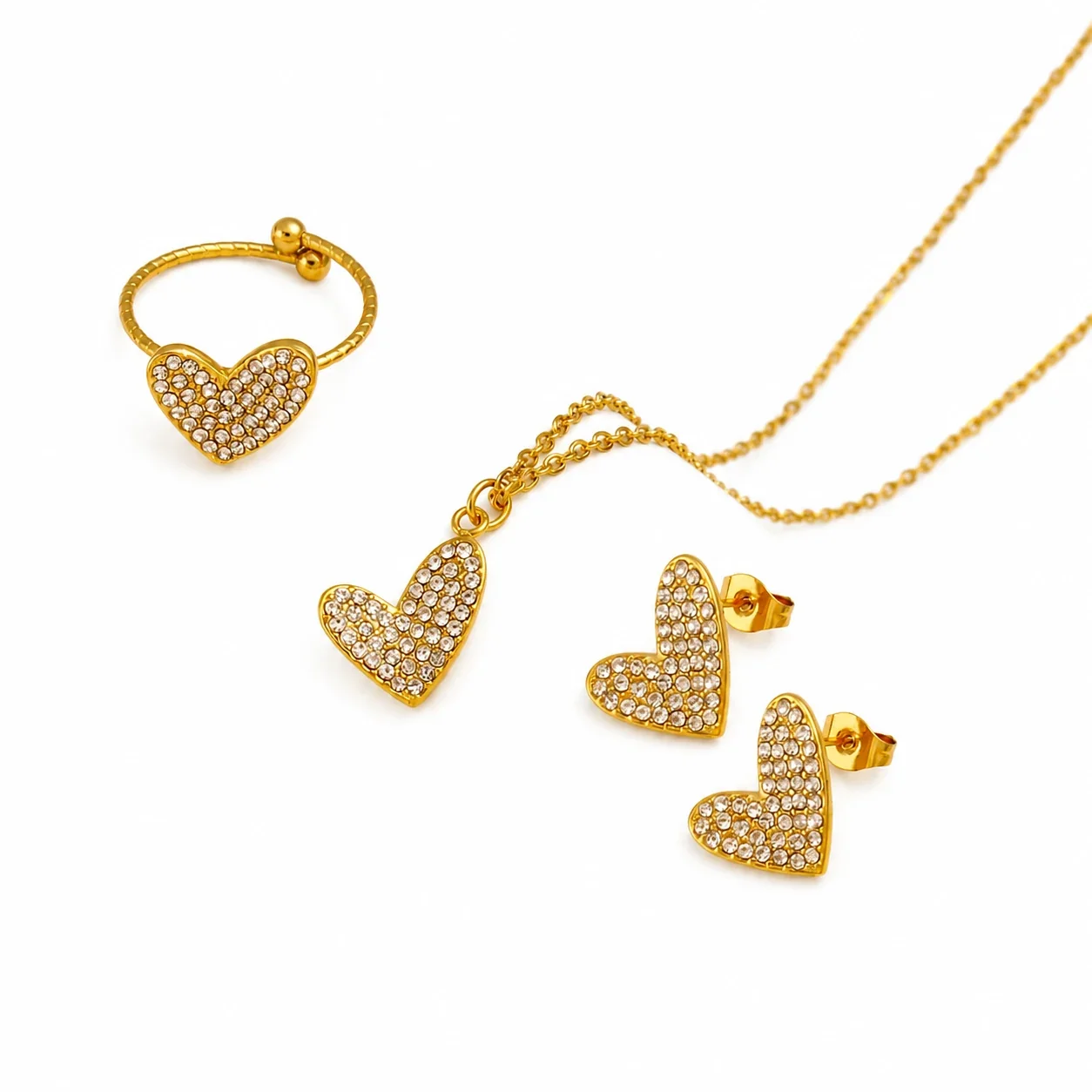 Radiant Gold-Plated Pavé Heart Chain Jewelry Set