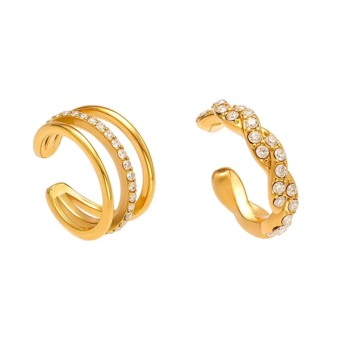 Sculptural Stainless Steel Triple-Band Pavé CZ Ear Cuff