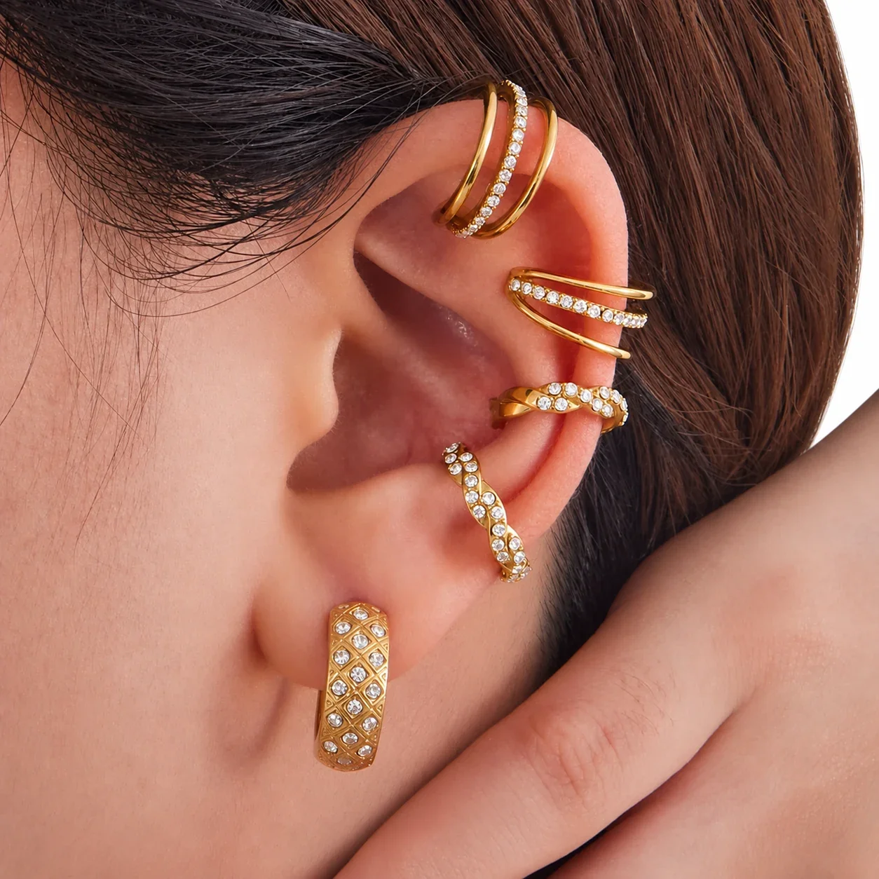 Sculptural Stainless Steel Triple-Band Pavé CZ Ear Cuff
