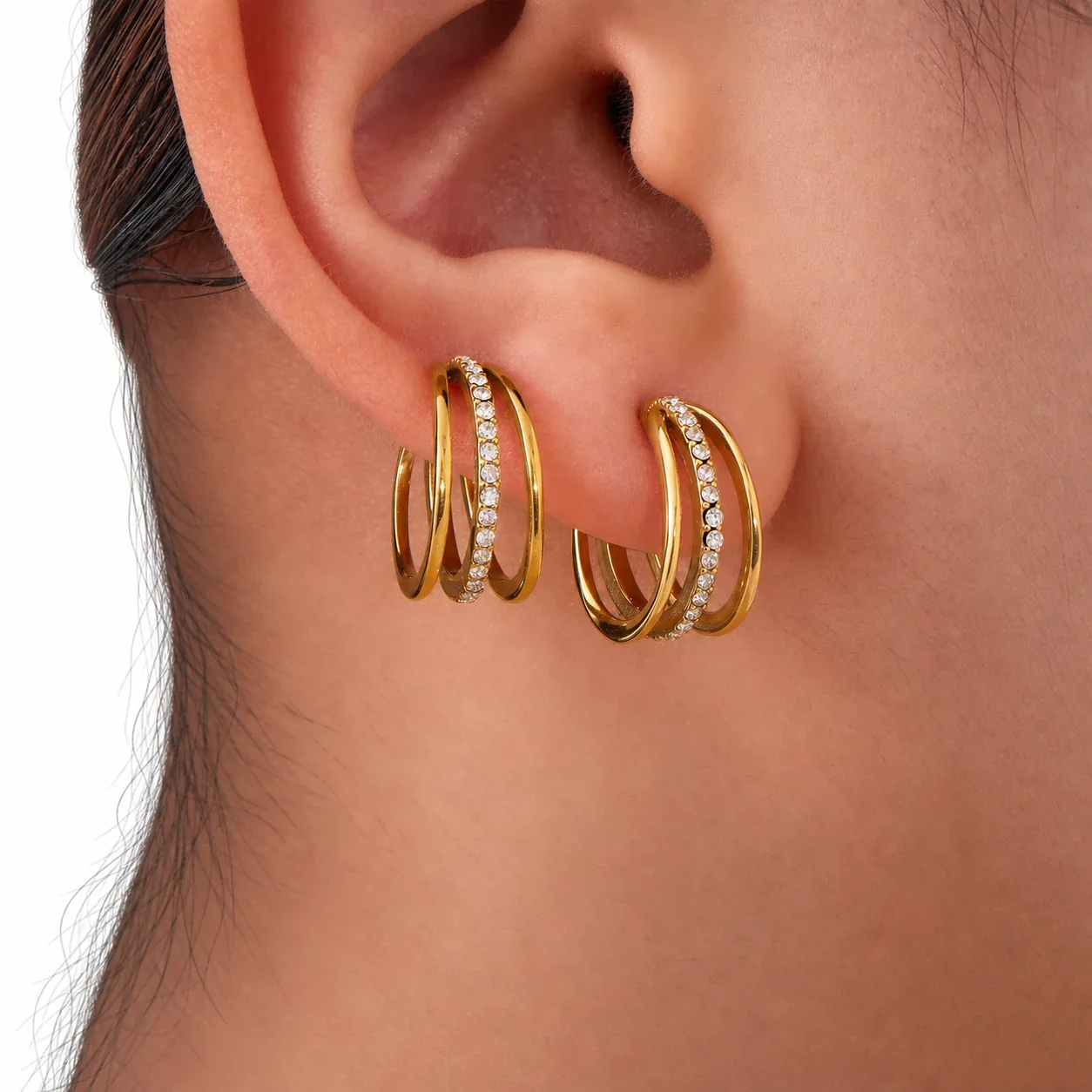 Sculptural Stainless Steel Triple-Band Pavé CZ Ear Cuff