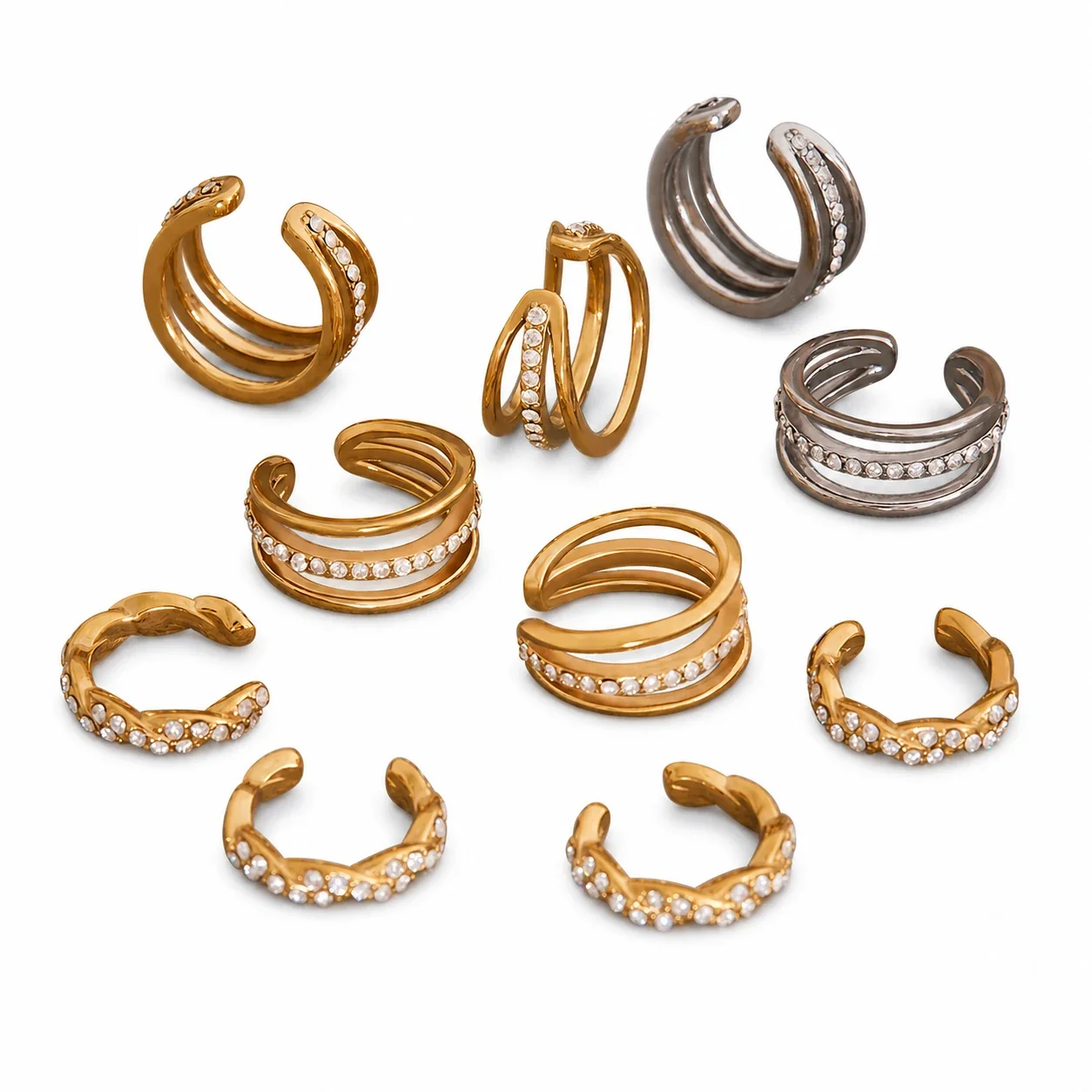 Sculptural Stainless Steel Triple-Band Pavé CZ Ear Cuff