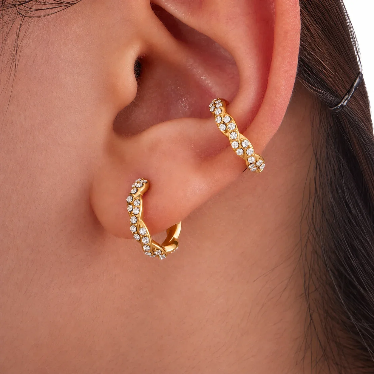 Sculptural Stainless Steel Triple-Band Pavé CZ Ear Cuff