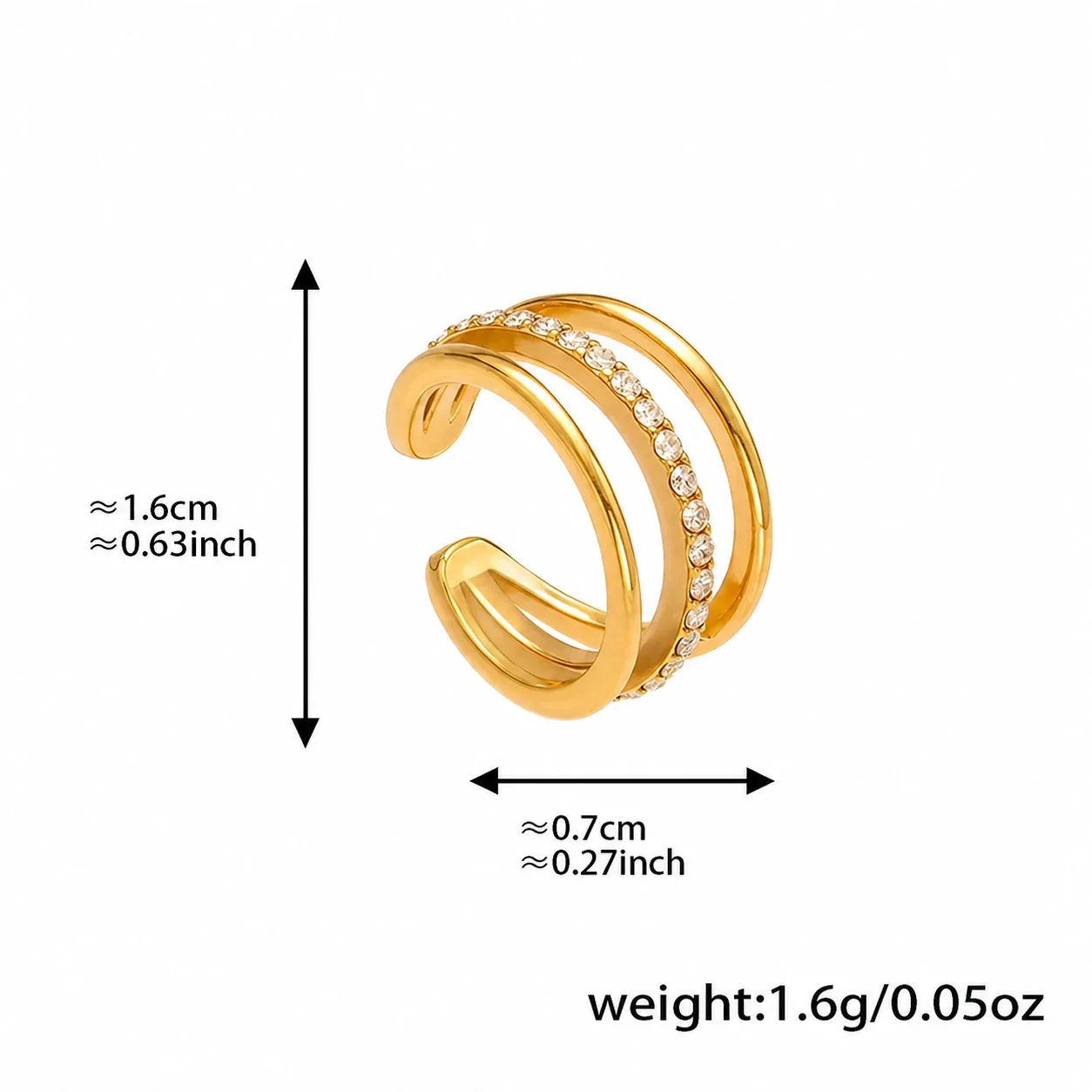Sculptural Stainless Steel Triple-Band Pavé CZ Ear Cuff - Gold Triple-Band CZ Single