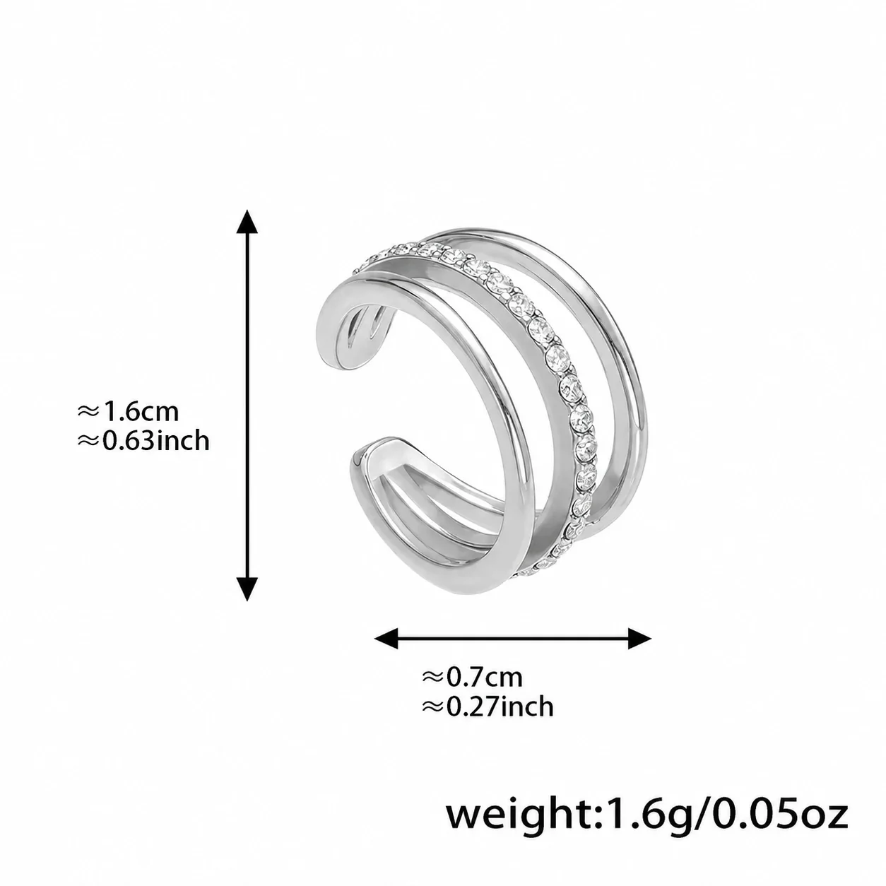 Sculptural Stainless Steel Triple-Band Pavé CZ Ear Cuff - Silver Triple-Band CZ Single