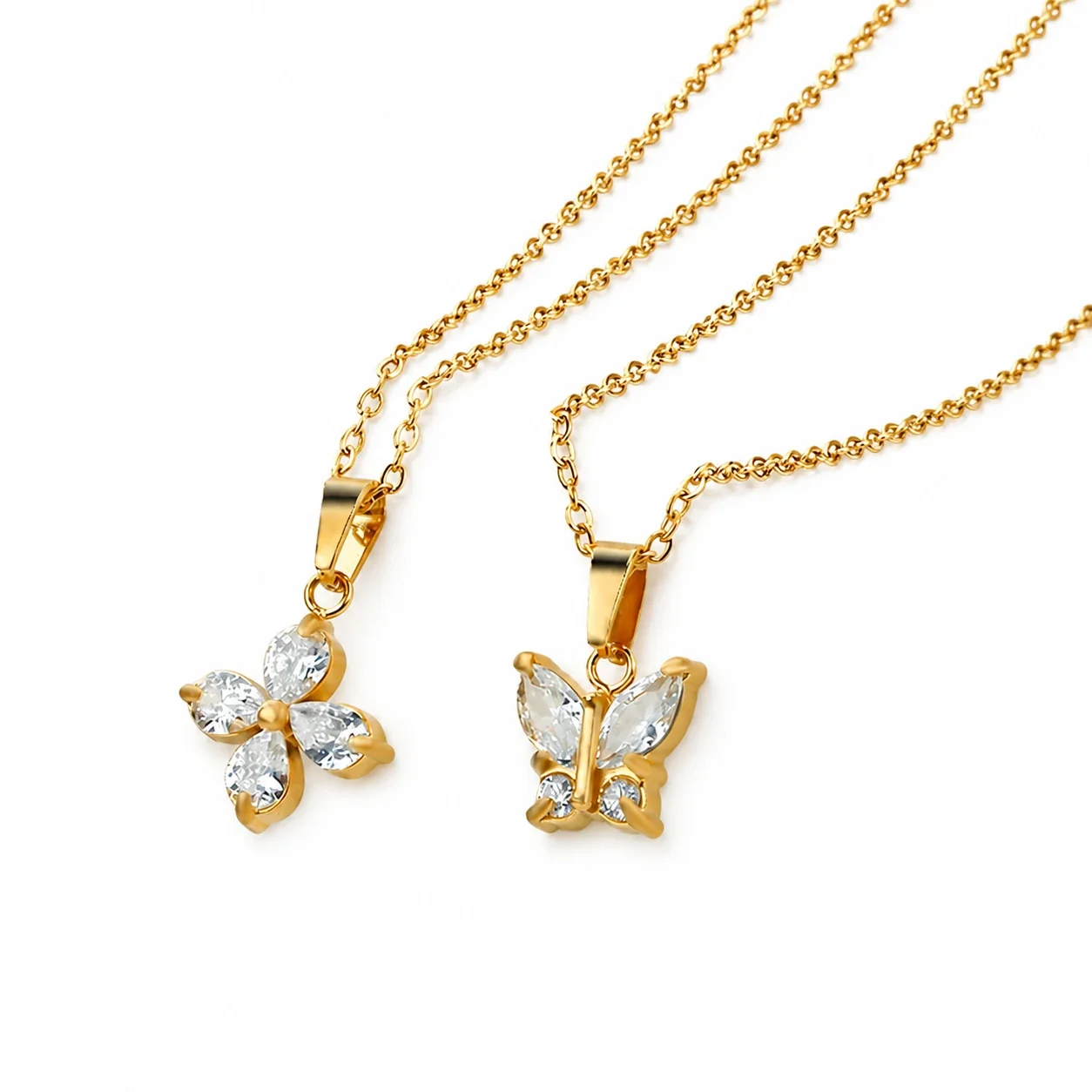 Dainty Marquise CZ Butterfly & Flower 316 Stainless Steel Necklace