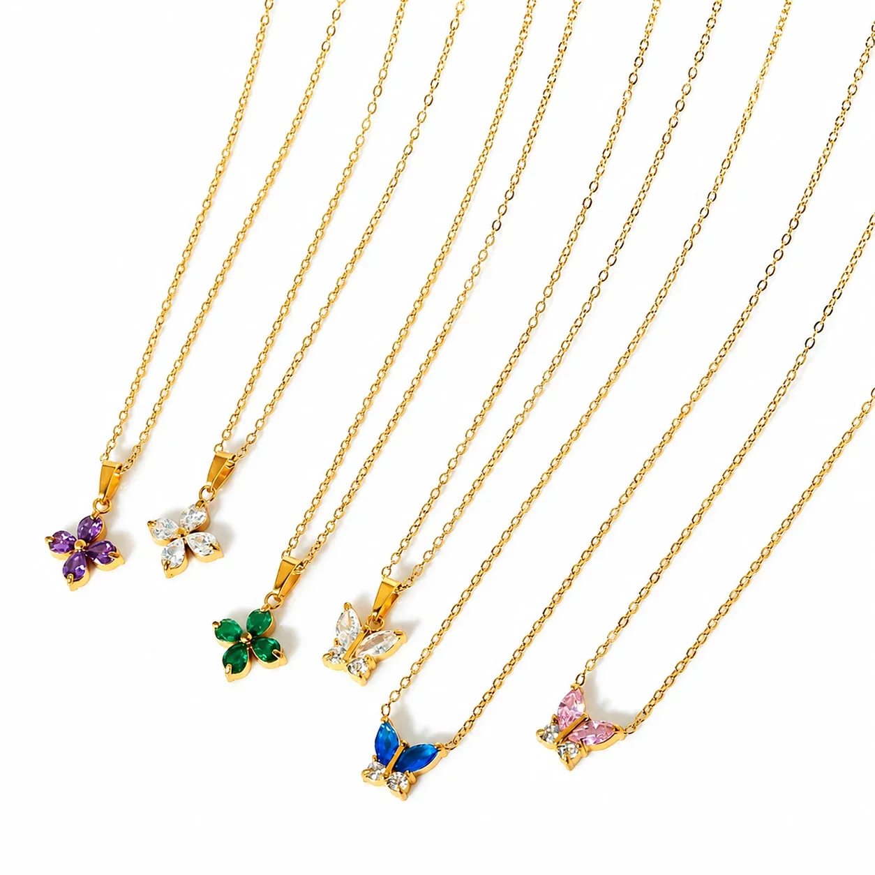 Dainty Marquise CZ Butterfly & Flower 316 Stainless Steel Necklace