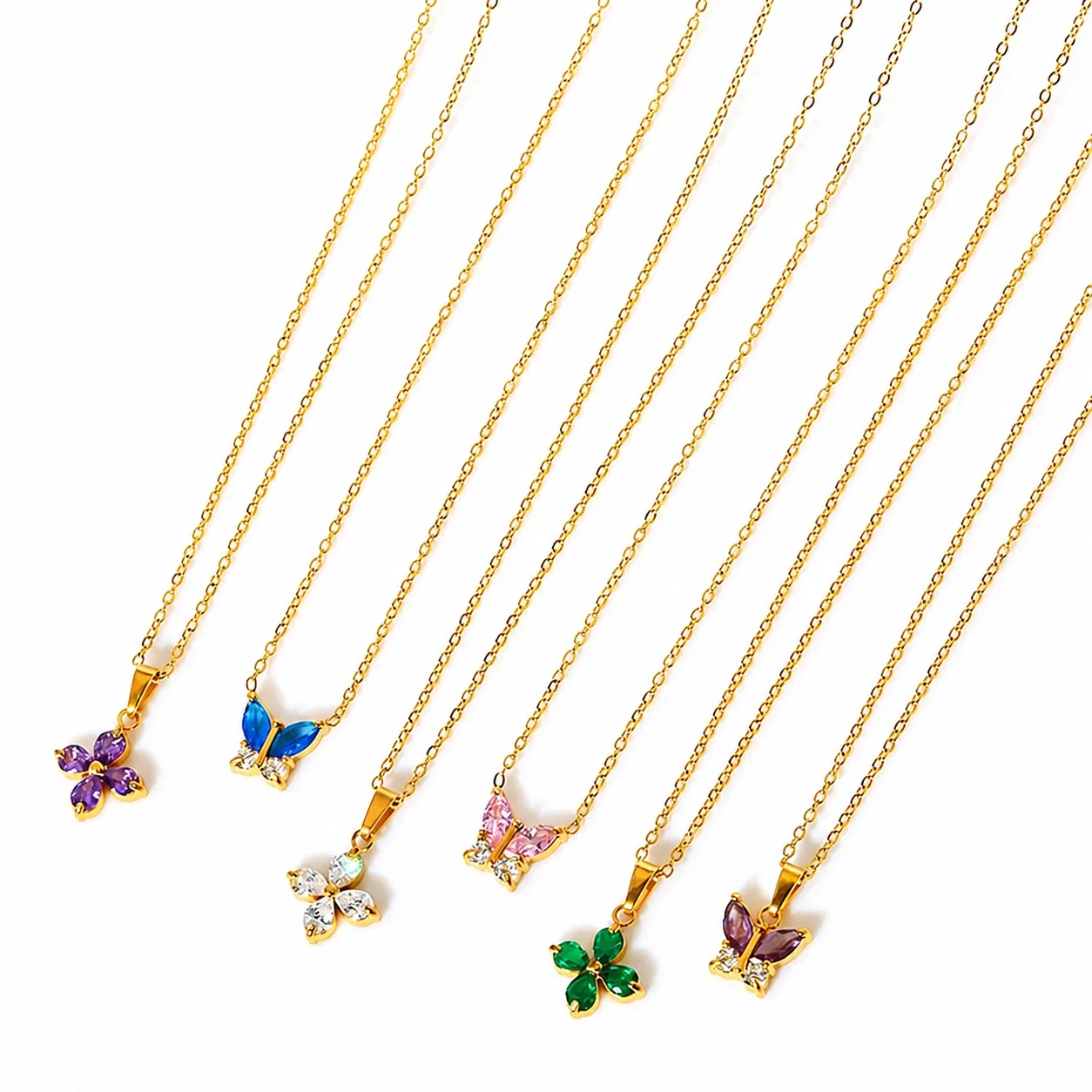 Dainty Marquise CZ Butterfly & Flower 316 Stainless Steel Necklace