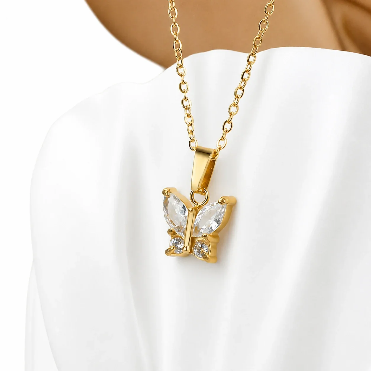 Dainty Marquise CZ Butterfly & Flower 316 Stainless Steel Necklace - Gold Butterfly Clear CZ