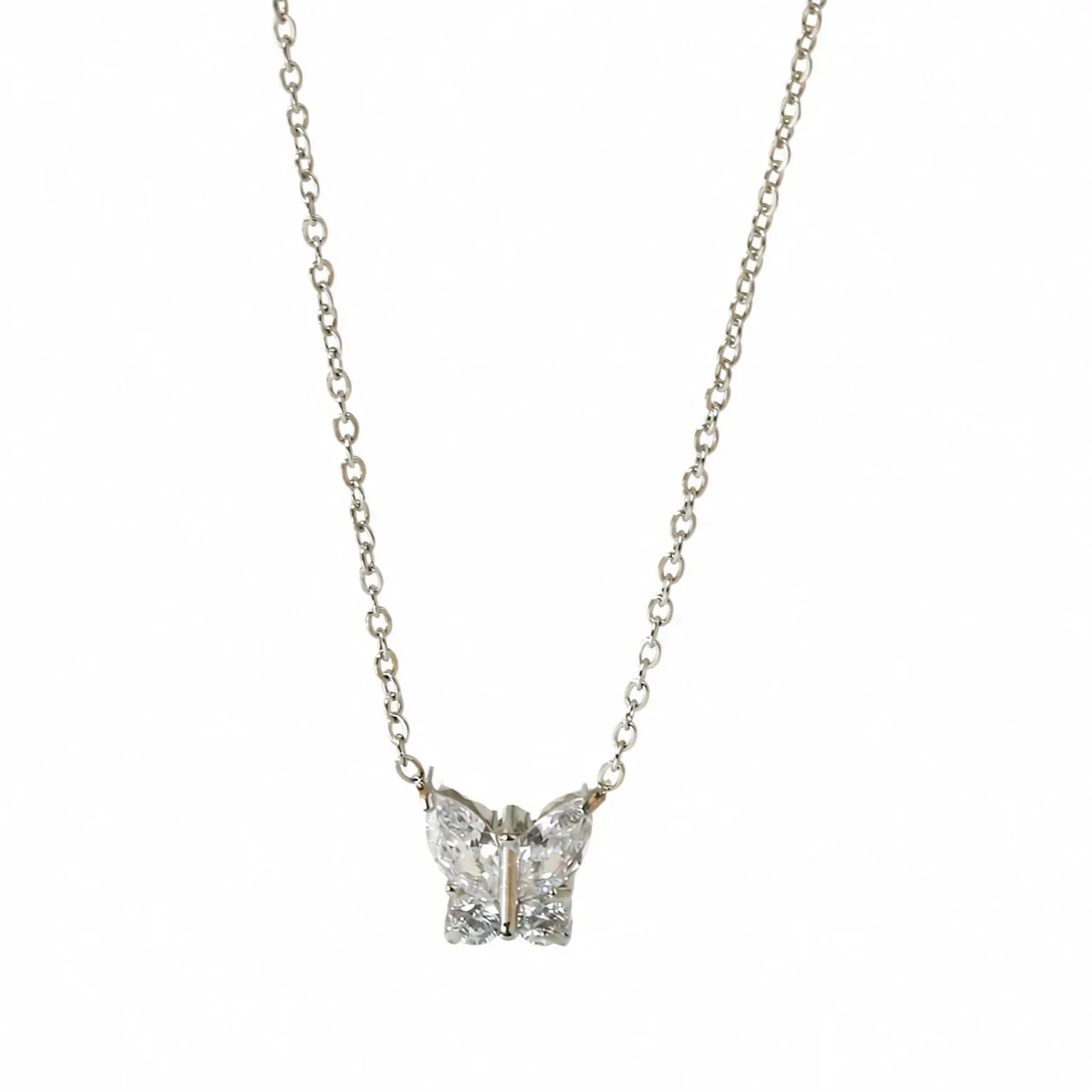 Dainty Marquise CZ Butterfly & Flower 316 Stainless Steel Necklace - Silver Butterfly Clear CZ