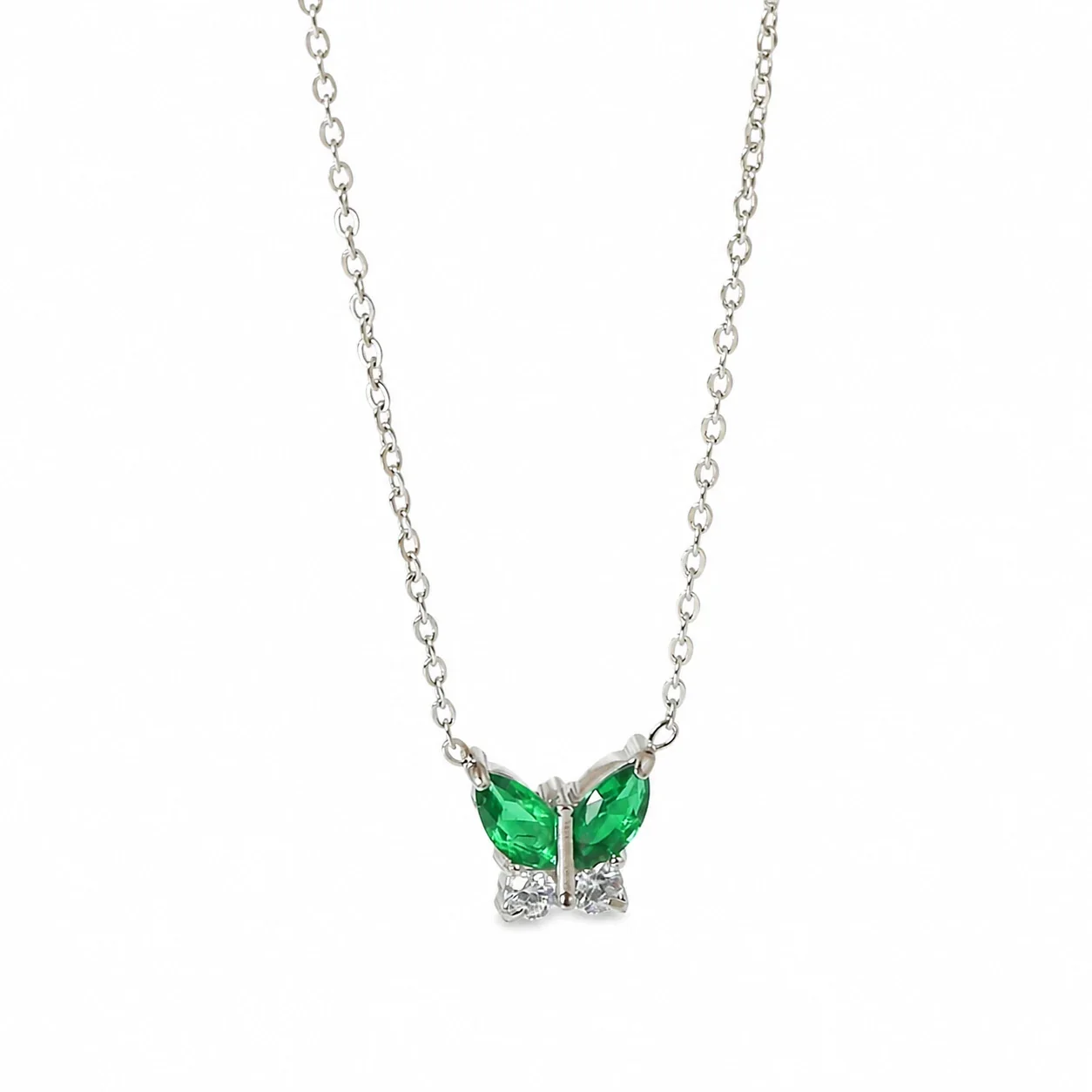 Dainty Marquise CZ Butterfly & Flower 316 Stainless Steel Necklace - Silver Butterfly Green CZ
