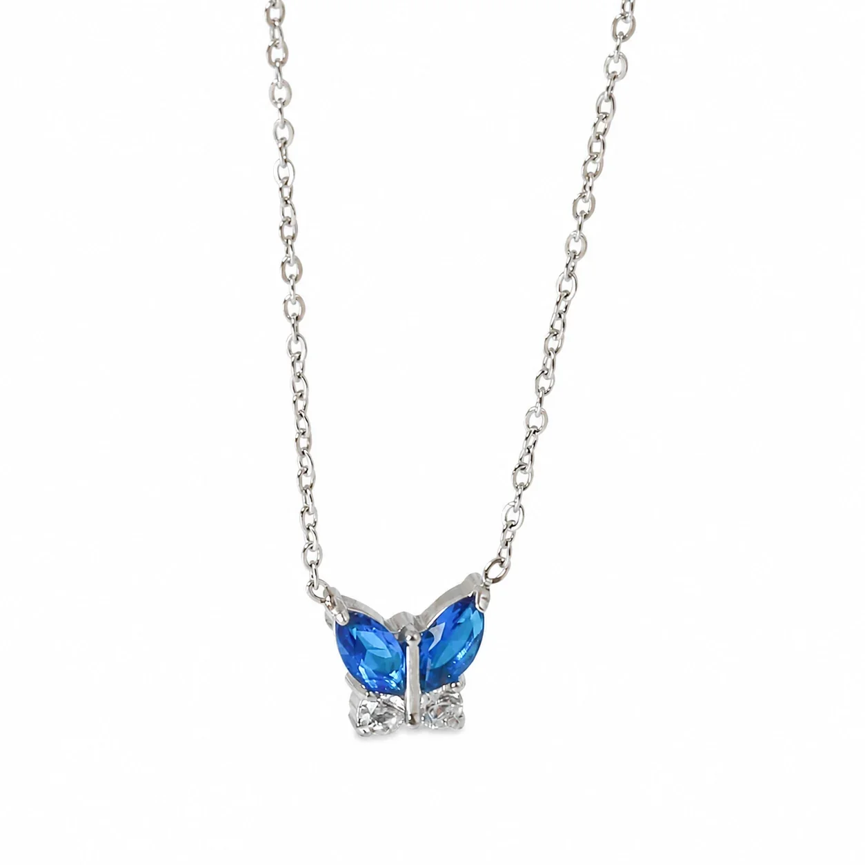 Dainty Marquise CZ Butterfly & Flower 316 Stainless Steel Necklace - Silver Butterfly Blue CZ