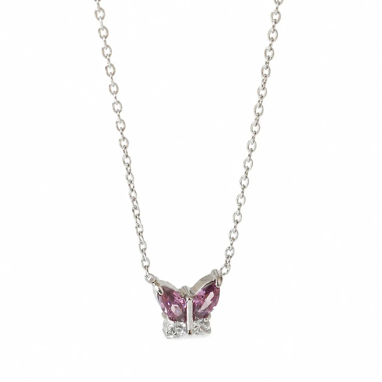 Dainty Marquise CZ Butterfly & Flower 316 Stainless Steel Necklace - Silver Butterfly Purple CZ