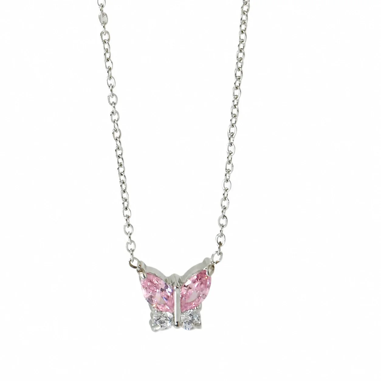 Dainty Marquise CZ Butterfly & Flower 316 Stainless Steel Necklace - Silver Butterfly Pink CZ