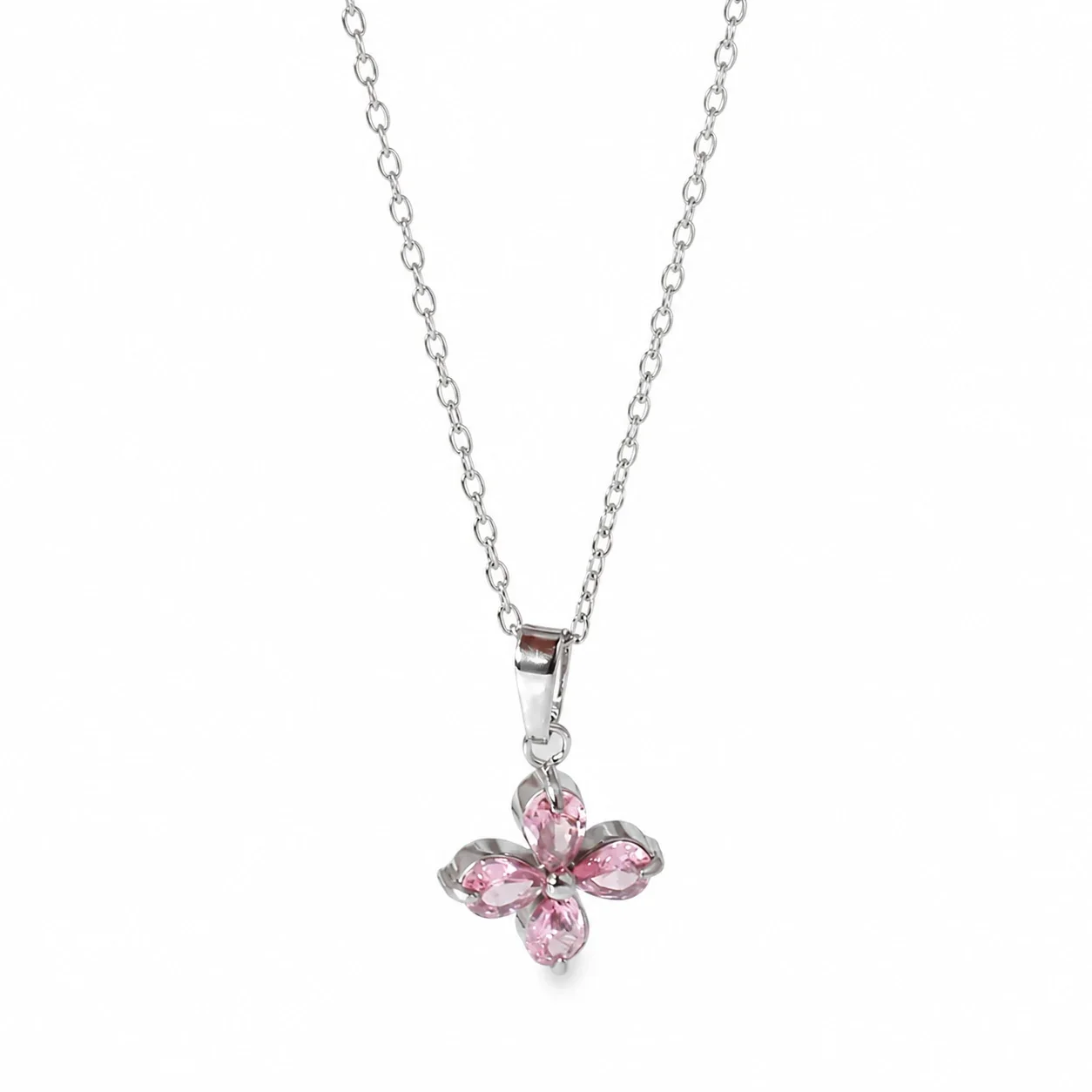 Dainty Marquise CZ Butterfly & Flower 316 Stainless Steel Necklace - Silver Flower Pink CZ