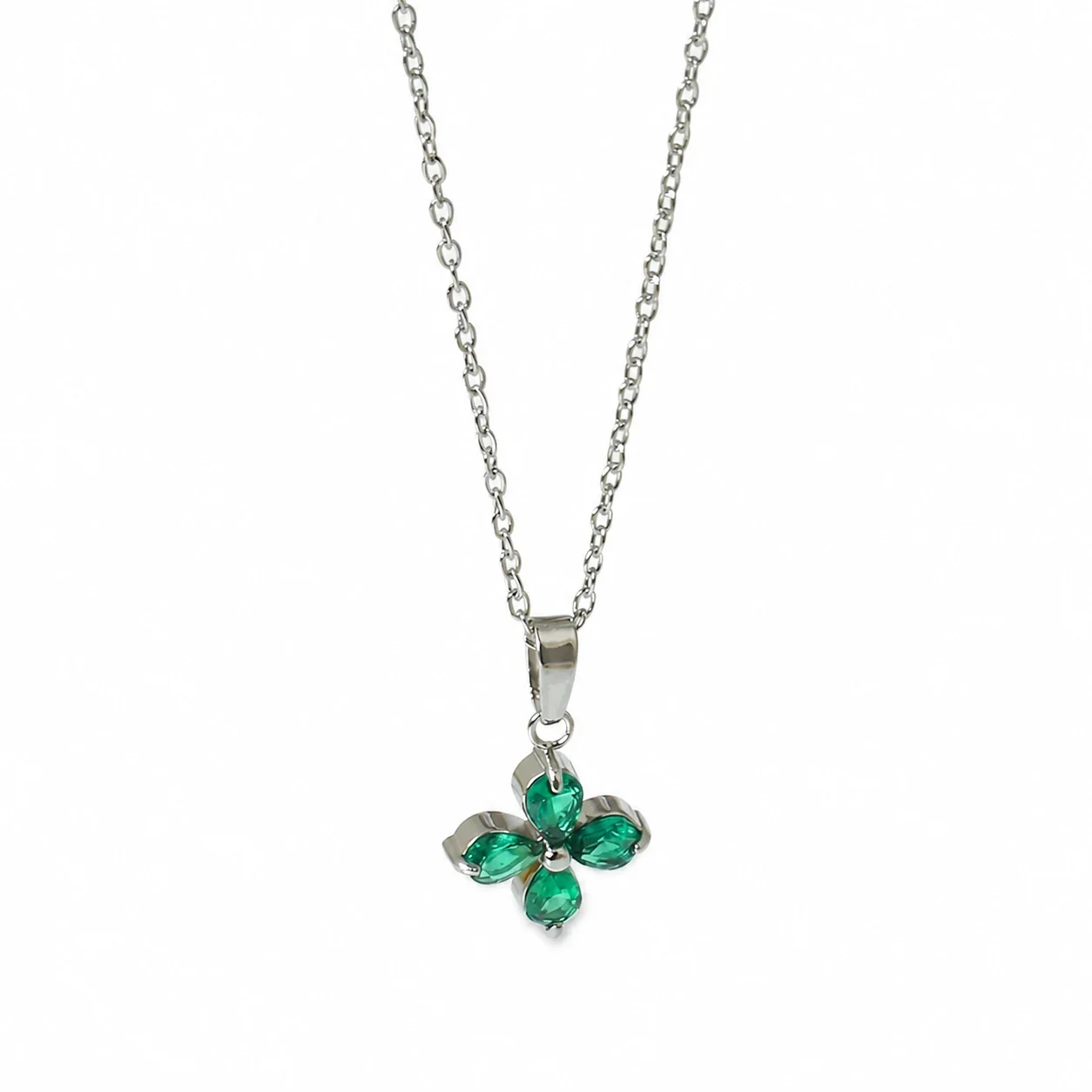 Dainty Marquise CZ Butterfly & Flower 316 Stainless Steel Necklace - Silver Flower Green CZ