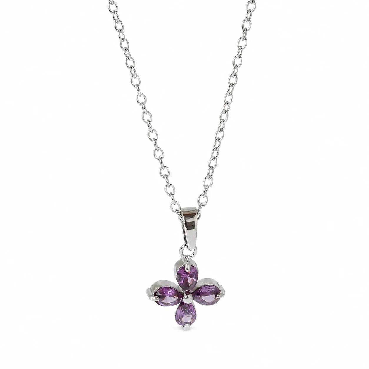 Dainty Marquise CZ Butterfly & Flower 316 Stainless Steel Necklace - Silver Flower Purple CZ