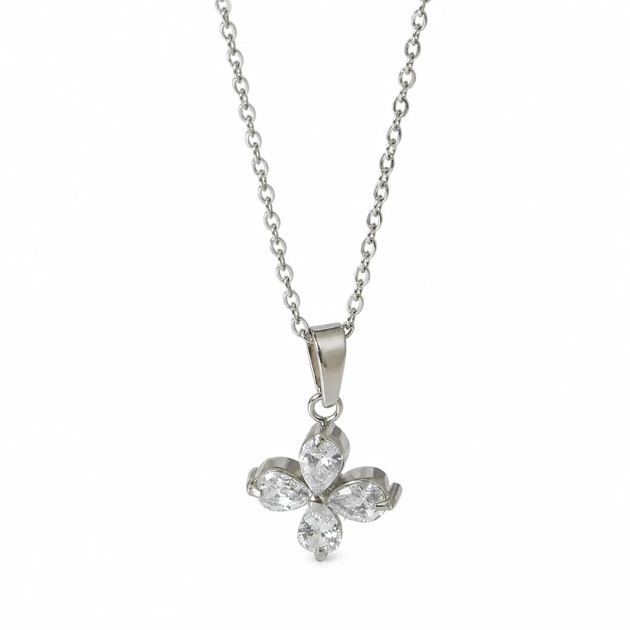 Dainty Marquise CZ Butterfly & Flower 316 Stainless Steel Necklace - Silver Flower Clear CZ
