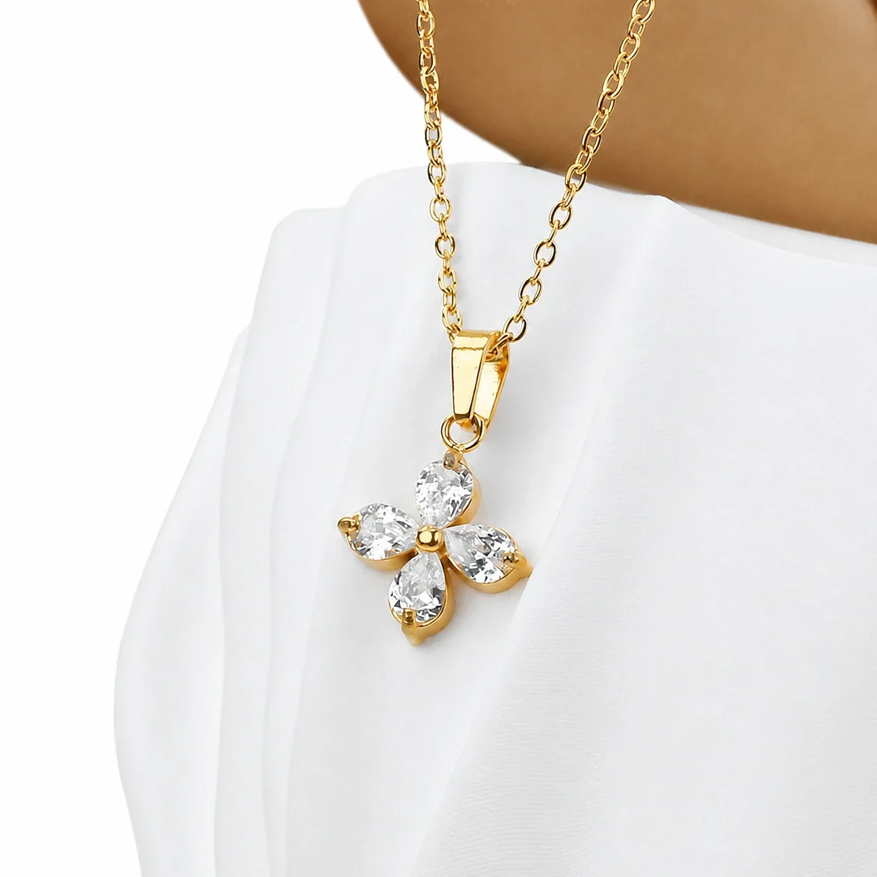 Dainty Marquise CZ Butterfly & Flower 316 Stainless Steel Necklace - Gold Flower Clear CZ