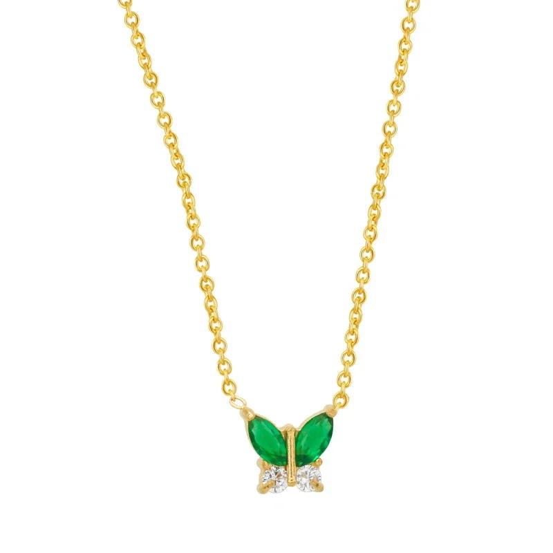 Dainty Marquise CZ Butterfly & Flower 316 Stainless Steel Necklace - Gold Butterfly Green CZ
