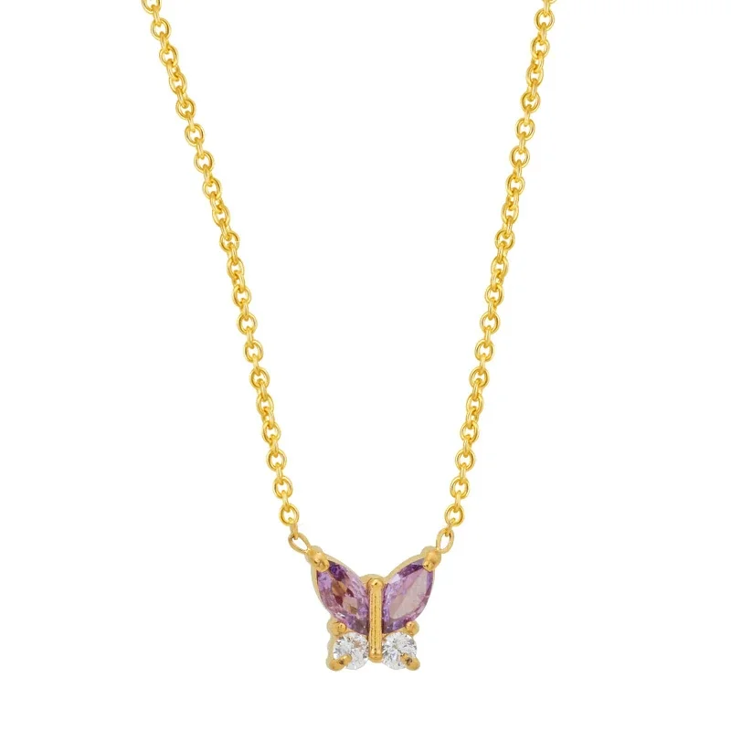 Dainty Marquise CZ Butterfly & Flower 316 Stainless Steel Necklace - Gold Butterfly Purple CZ