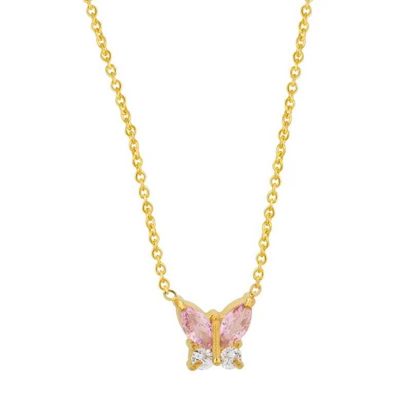 Dainty Marquise CZ Butterfly & Flower 316 Stainless Steel Necklace - Gold Butterfly Pink CZ