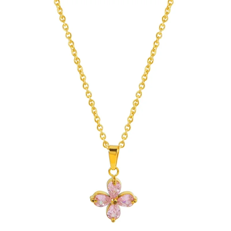 Dainty Marquise CZ Butterfly & Flower 316 Stainless Steel Necklace - Gold Flower Pink CZ