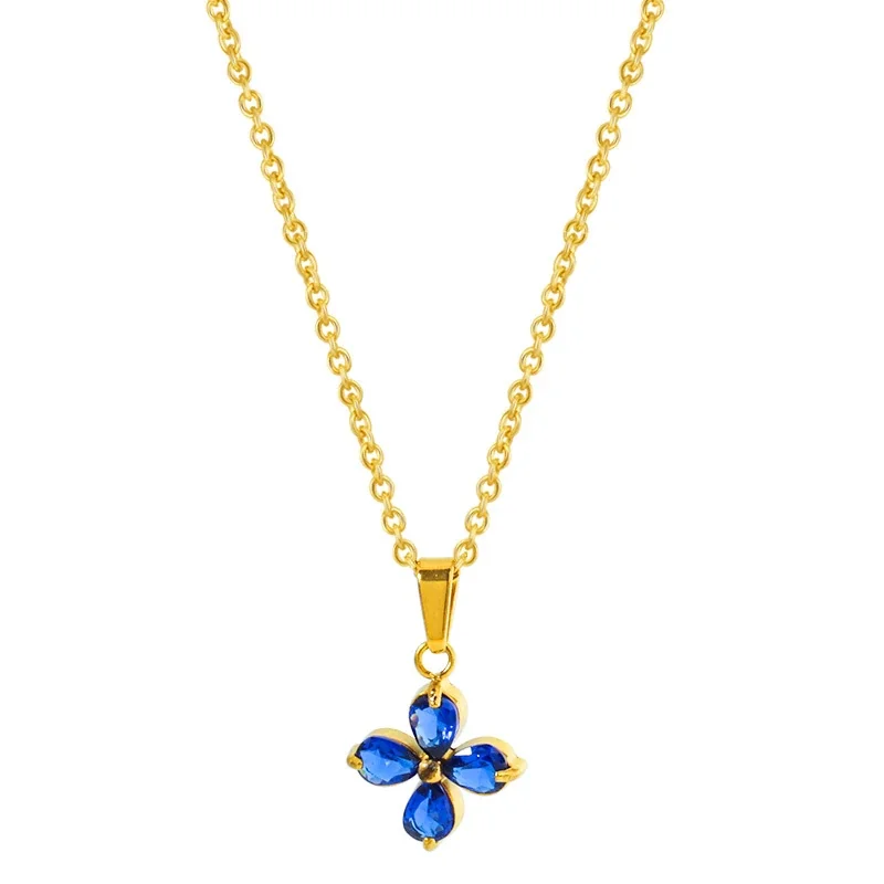Dainty Marquise CZ Butterfly & Flower 316 Stainless Steel Necklace - Gold Flower Green CZ