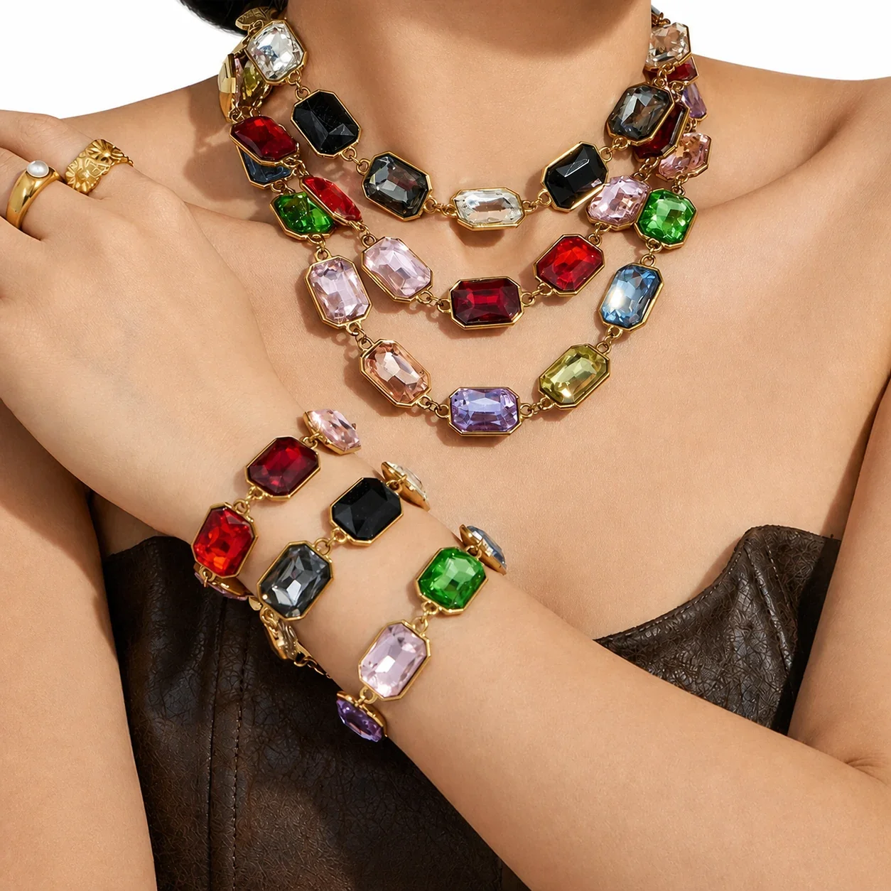 Opulent 18K Gold-Plated 316L Bezel-Set Crystal Jewelry Set