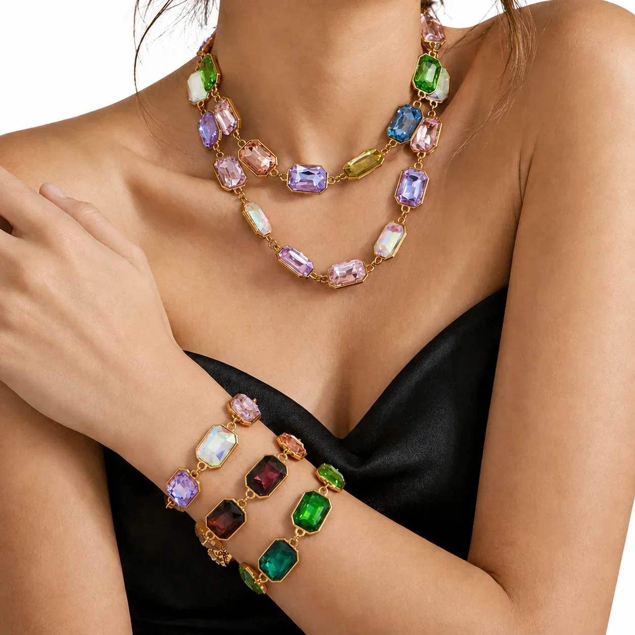 Opulent 18K Gold-Plated 316L Bezel-Set Crystal Jewelry Set