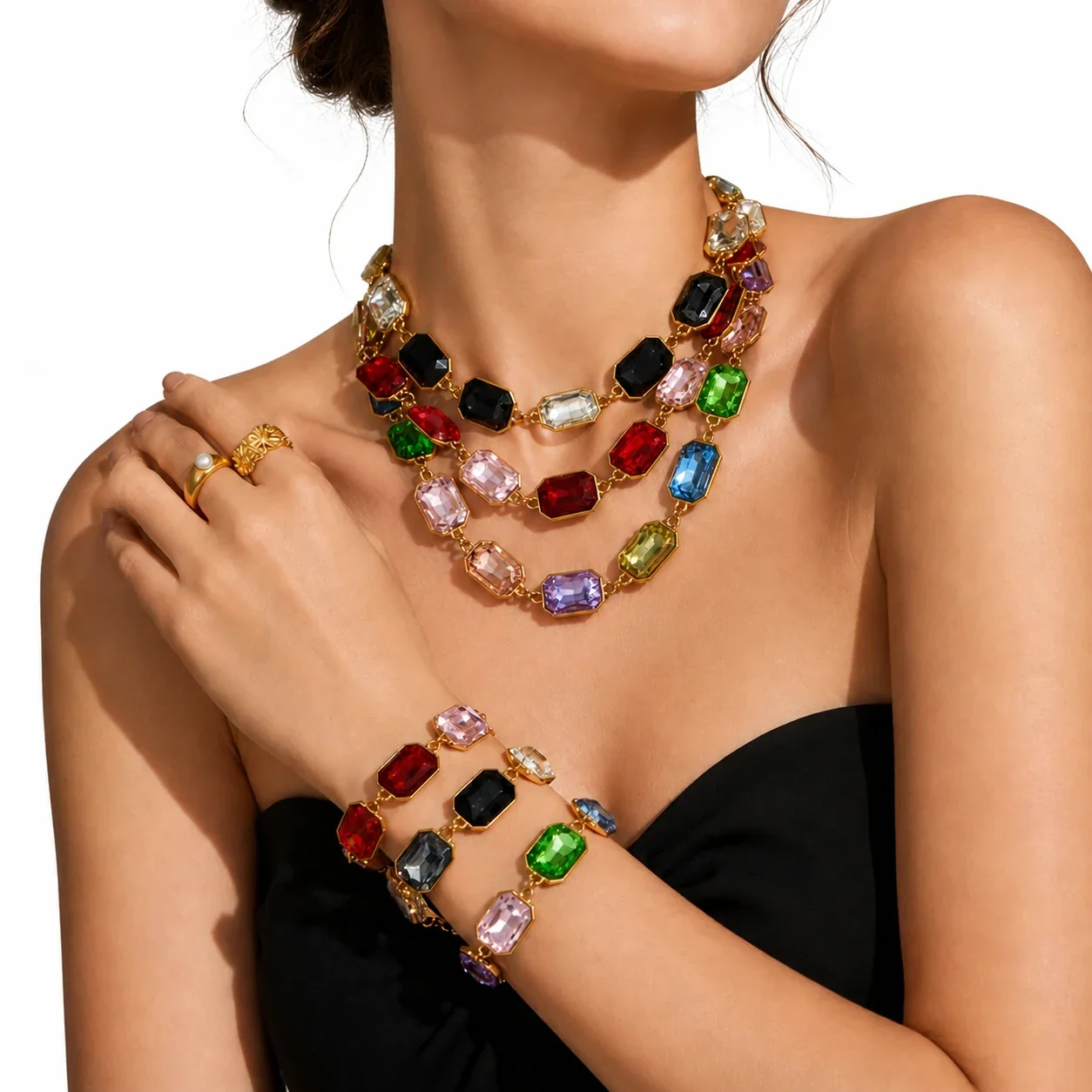 Opulent 18K Gold-Plated 316L Bezel-Set Crystal Jewelry Set