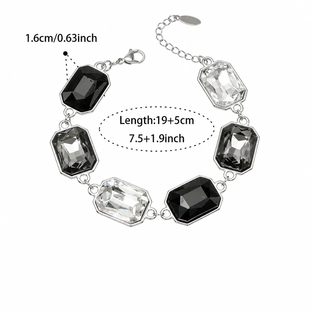 Opulent 18K Gold-Plated 316L Bezel-Set Crystal Jewelry Set - Silver Black Crystal 19+5 cm