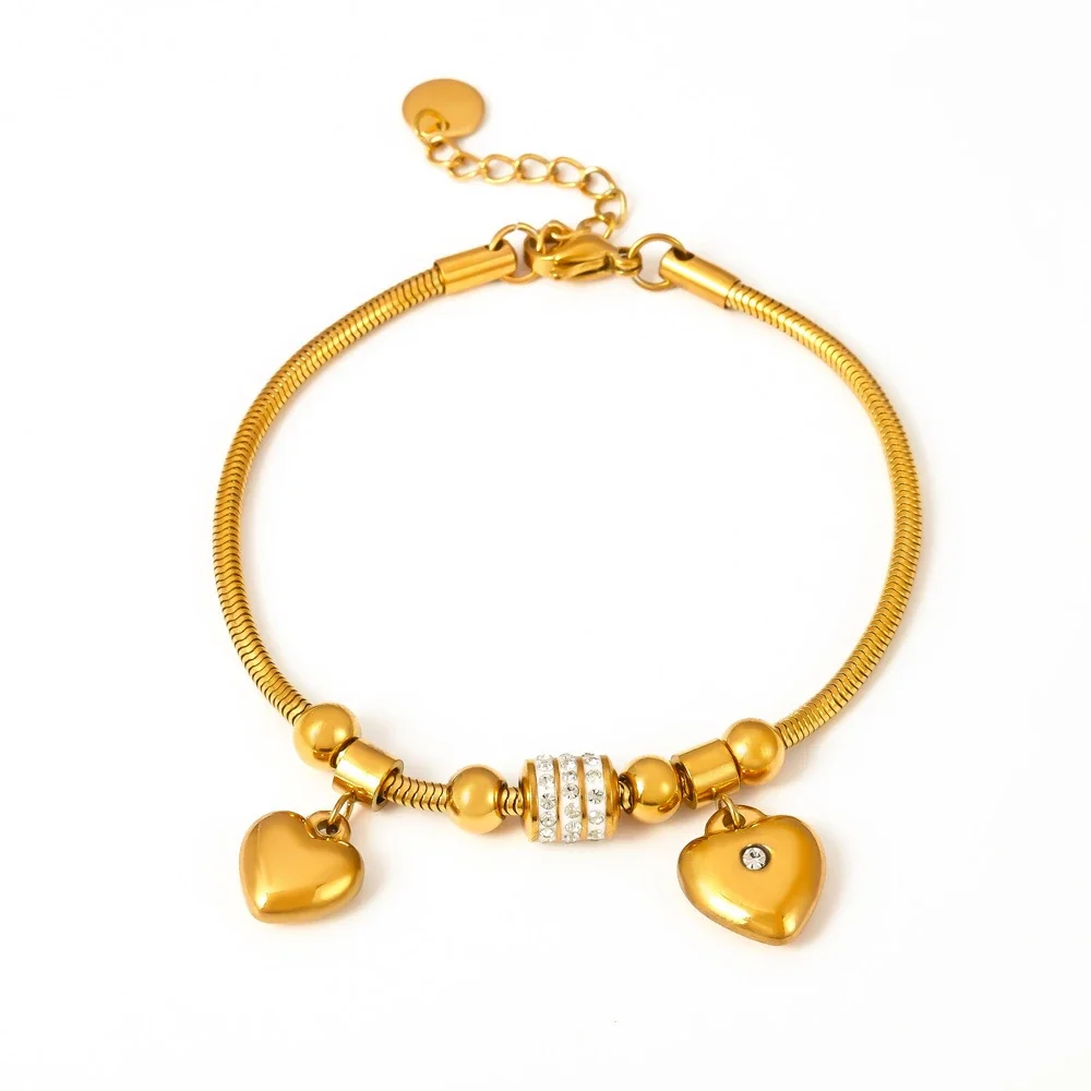 Romantic Gold-Plated Stainless Steel Snake Chain Heart Charm Bracelet