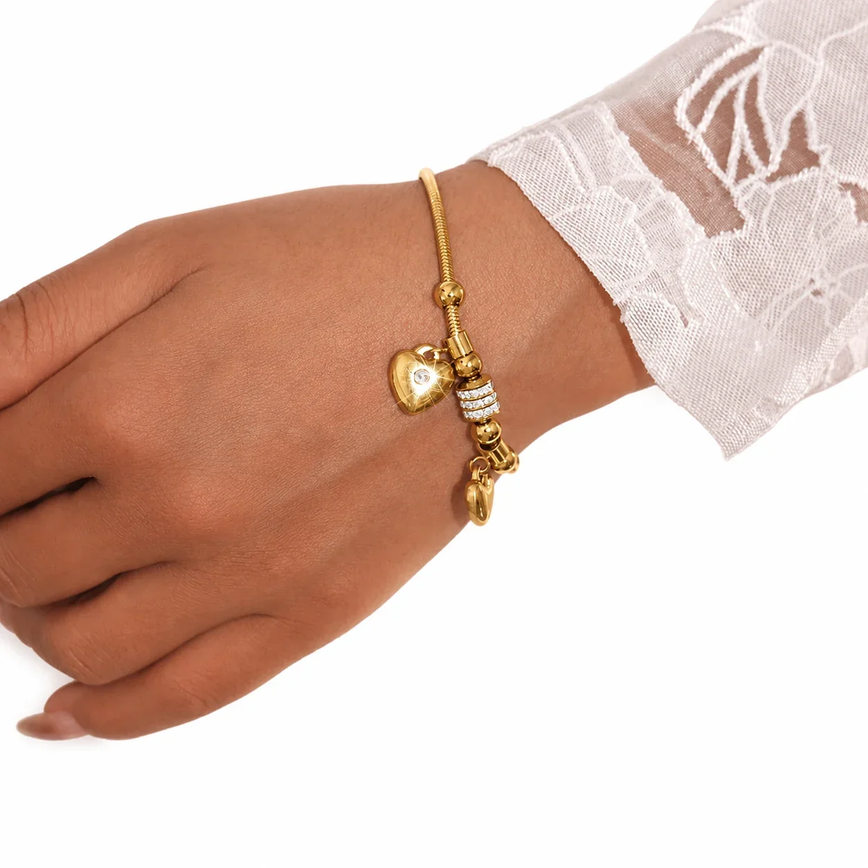 Romantic Gold-Plated Stainless Steel Snake Chain Heart Charm Bracelet