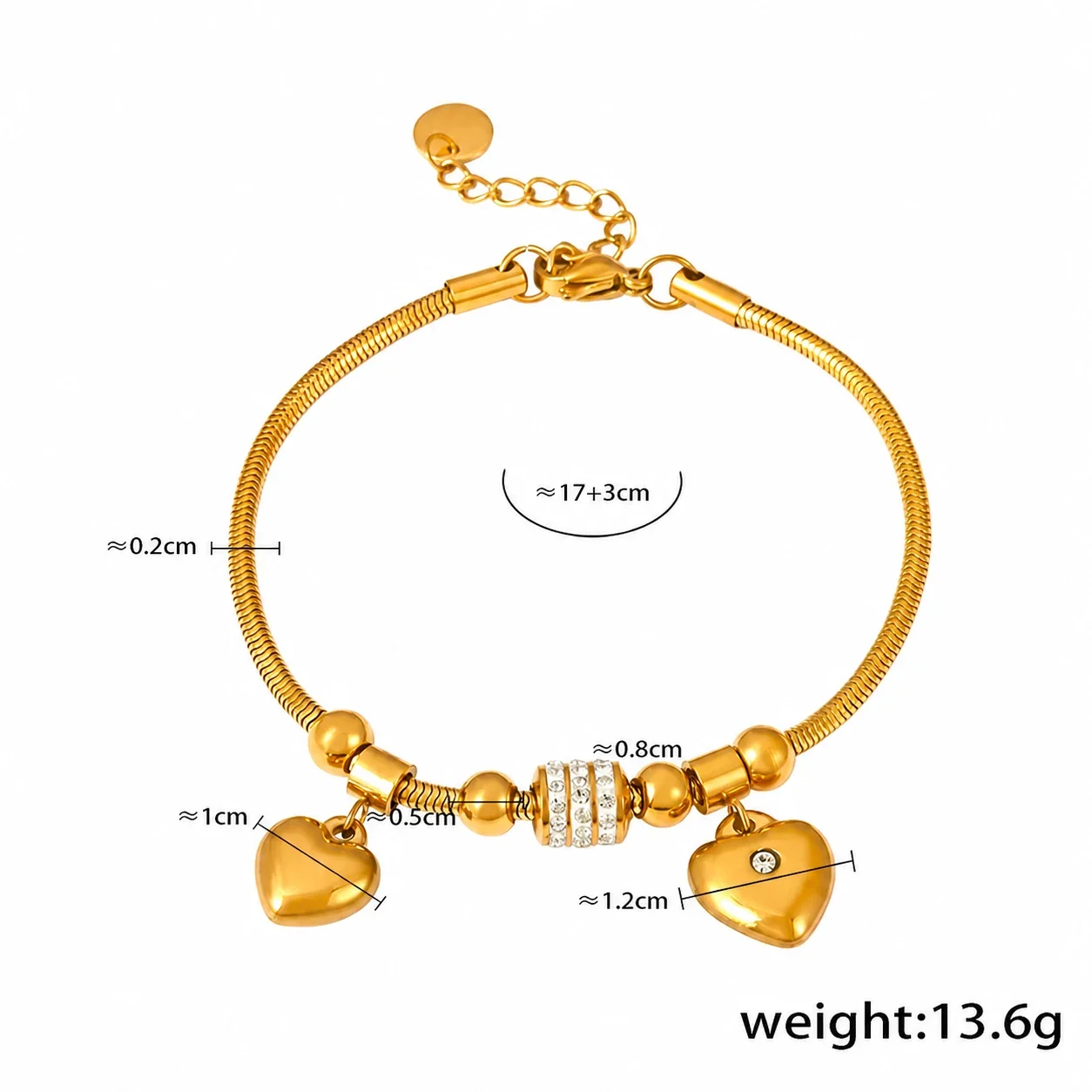 Romantic Gold-Plated Stainless Steel Snake Chain Heart Charm Bracelet - Gold