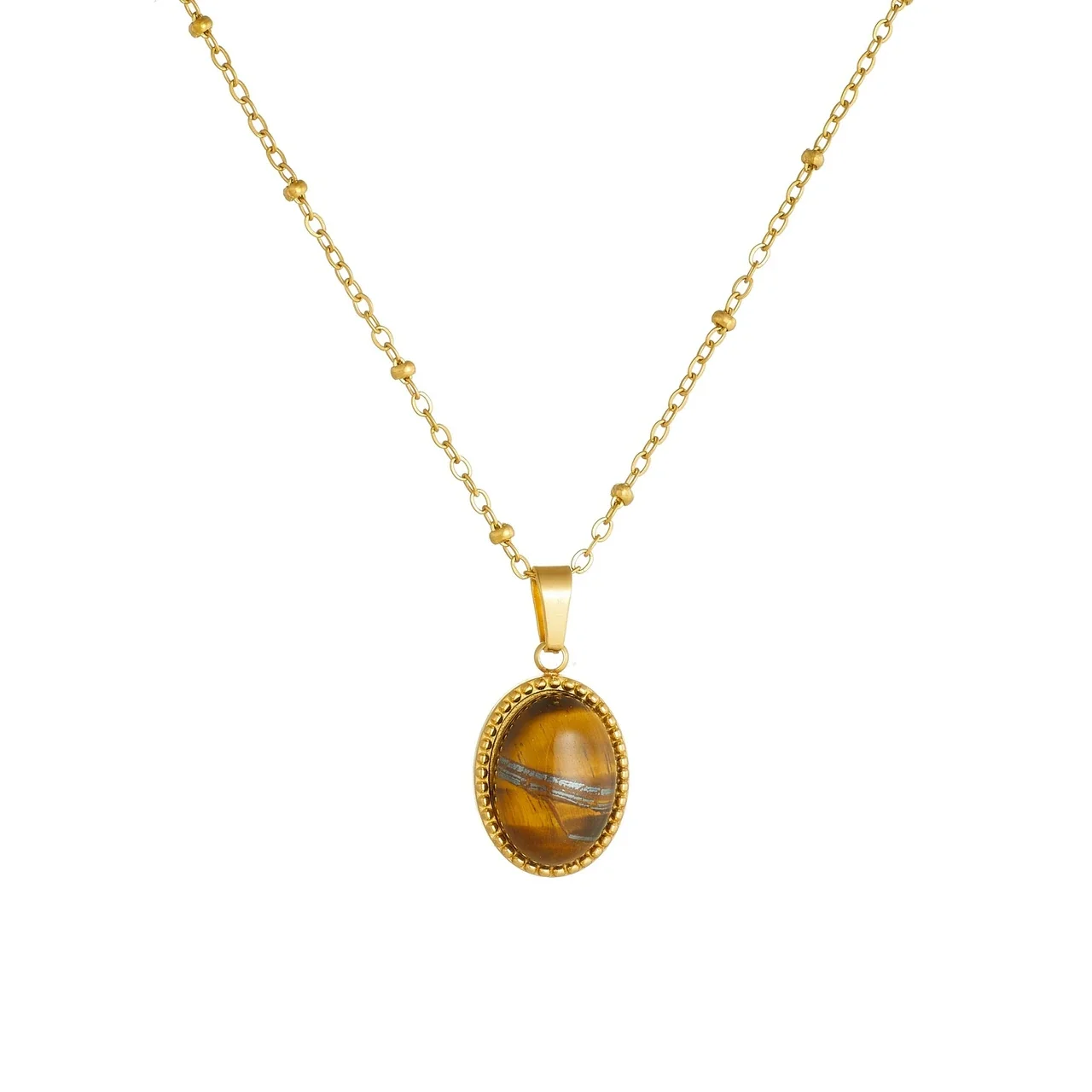 Schmuckset mit ovalem Cabochon und Perlenrahmen aus vergoldetem Edelstahl