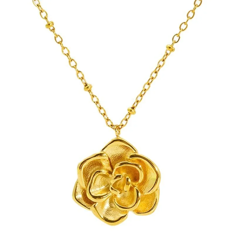 Sculptural Gold PVD Rose Pendant Bead Chain Necklace