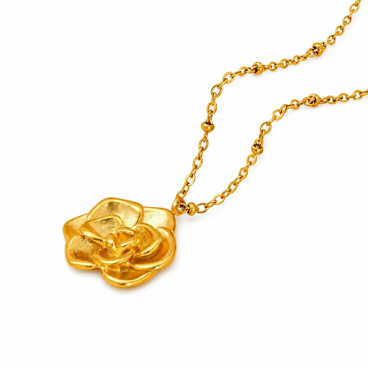 Sculptural Gold PVD Rose Pendant Bead Chain Necklace