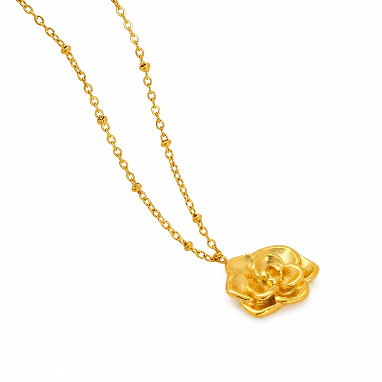 Sculptural Gold PVD Rose Pendant Bead Chain Necklace