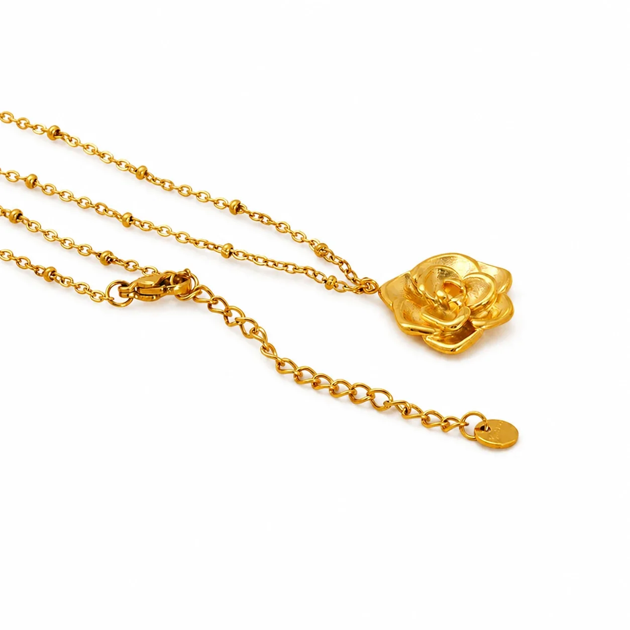 Sculptural Gold PVD Rose Pendant Bead Chain Necklace