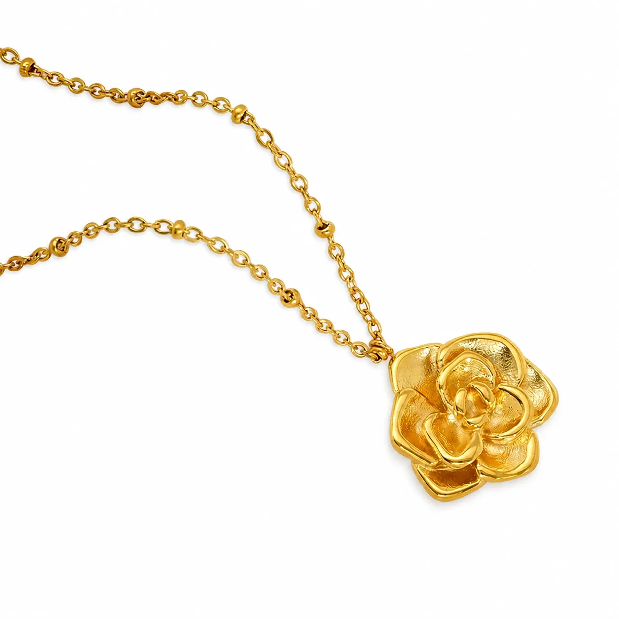 Sculptural Gold PVD Rose Pendant Bead Chain Necklace