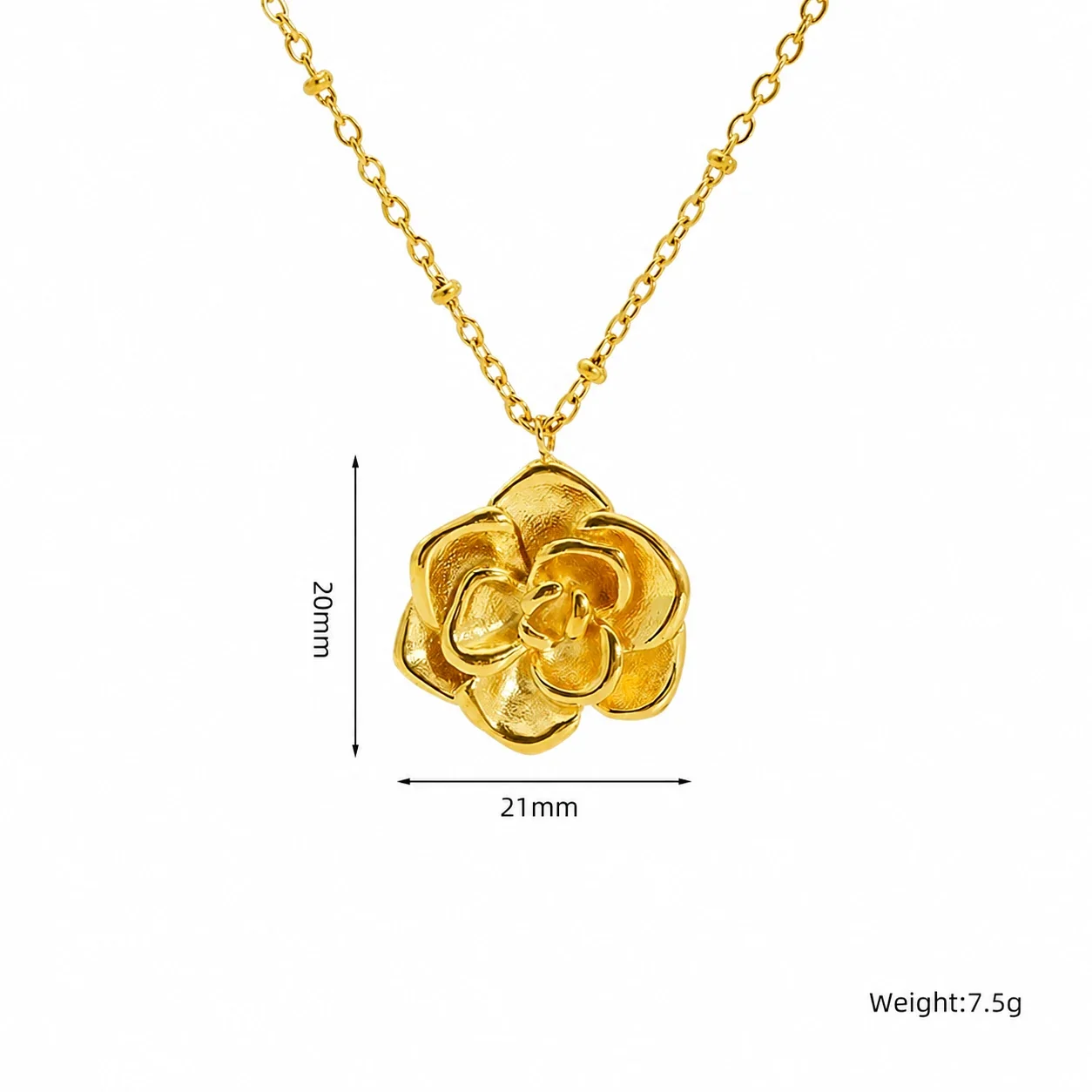 Sculptural Gold PVD Rose Pendant Bead Chain Necklace - Gold