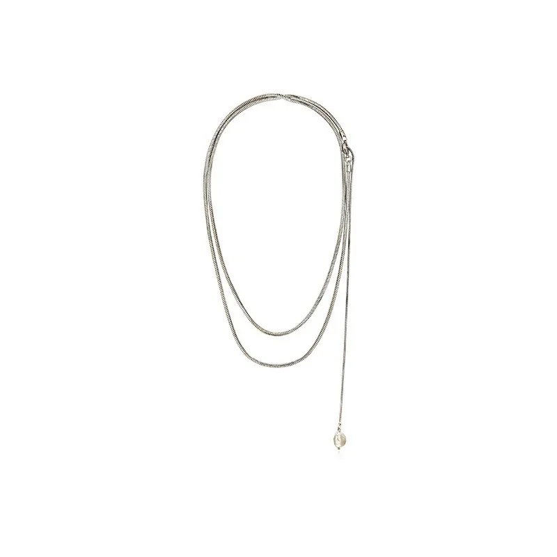 Layered Snake Chain Pearl Pendant Necklace, Stainless Steel