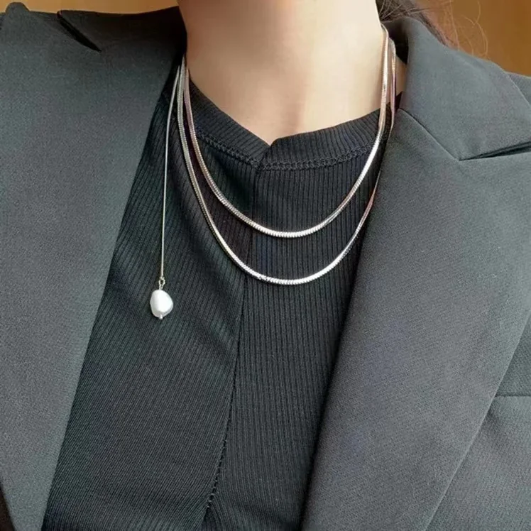 Layered Snake Chain Pearl Pendant Necklace, Stainless Steel