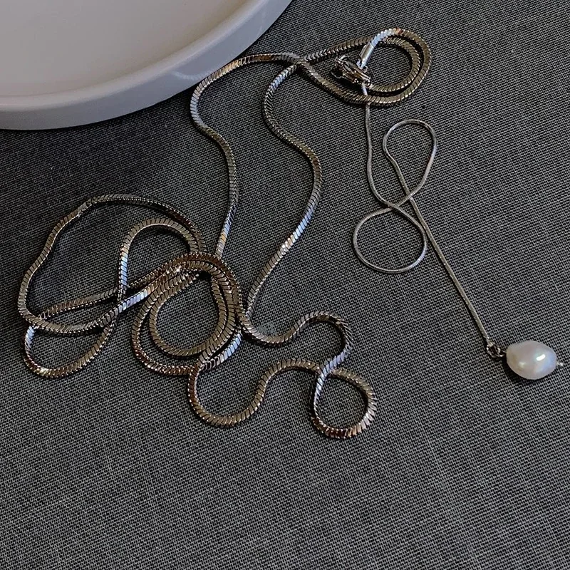 Layered Snake Chain Pearl Pendant Necklace, Stainless Steel