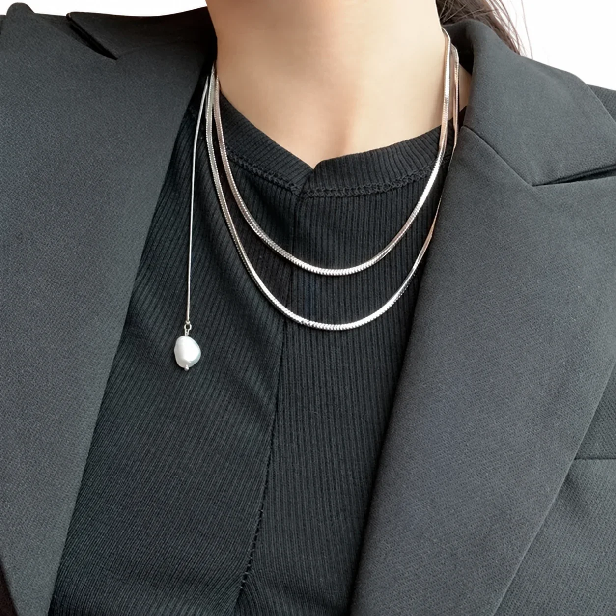 Layered Snake Chain Pearl Pendant Necklace, Stainless Steel - Silver