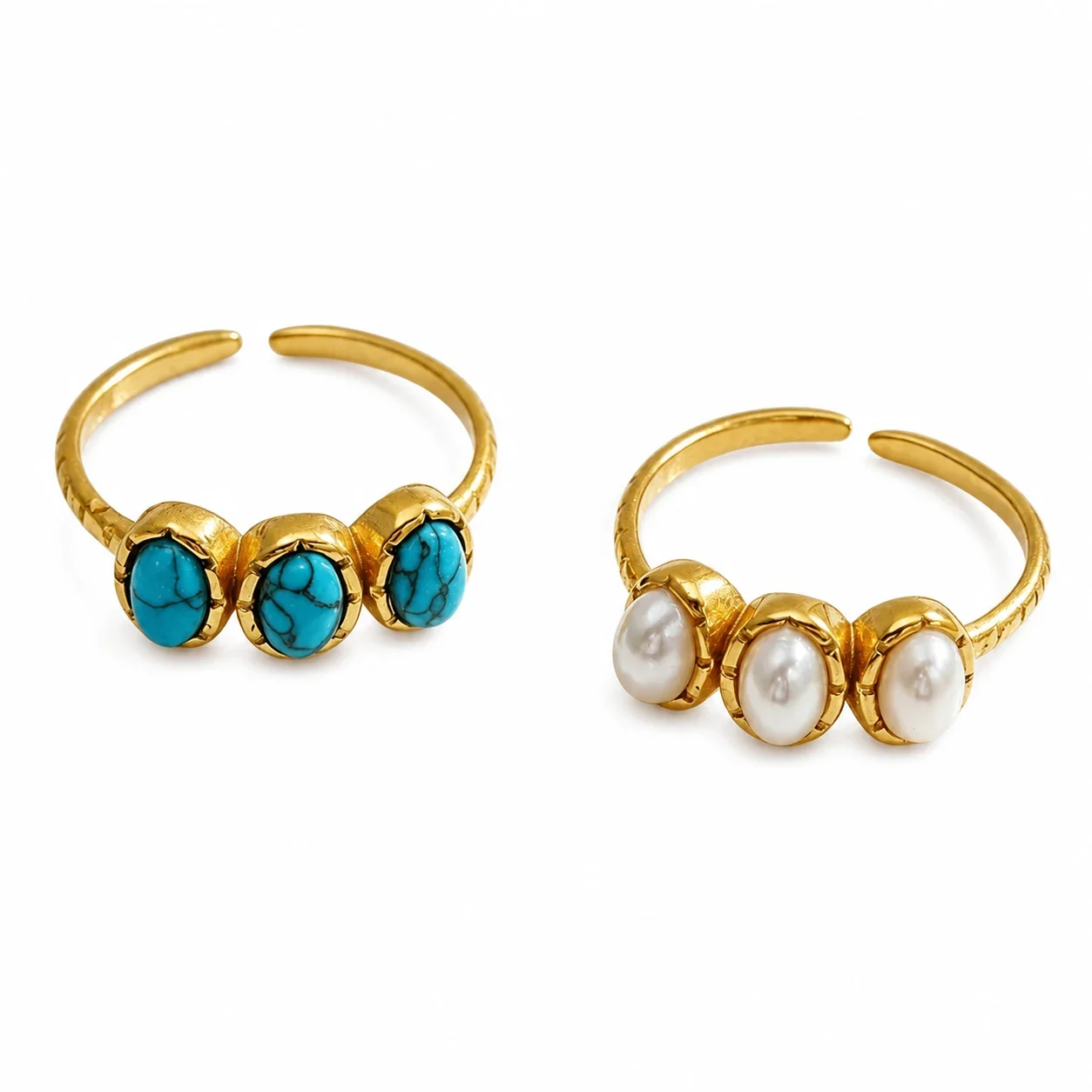 Triple Oval Stone Gold-Plated 316 Stainless Steel Open Ring