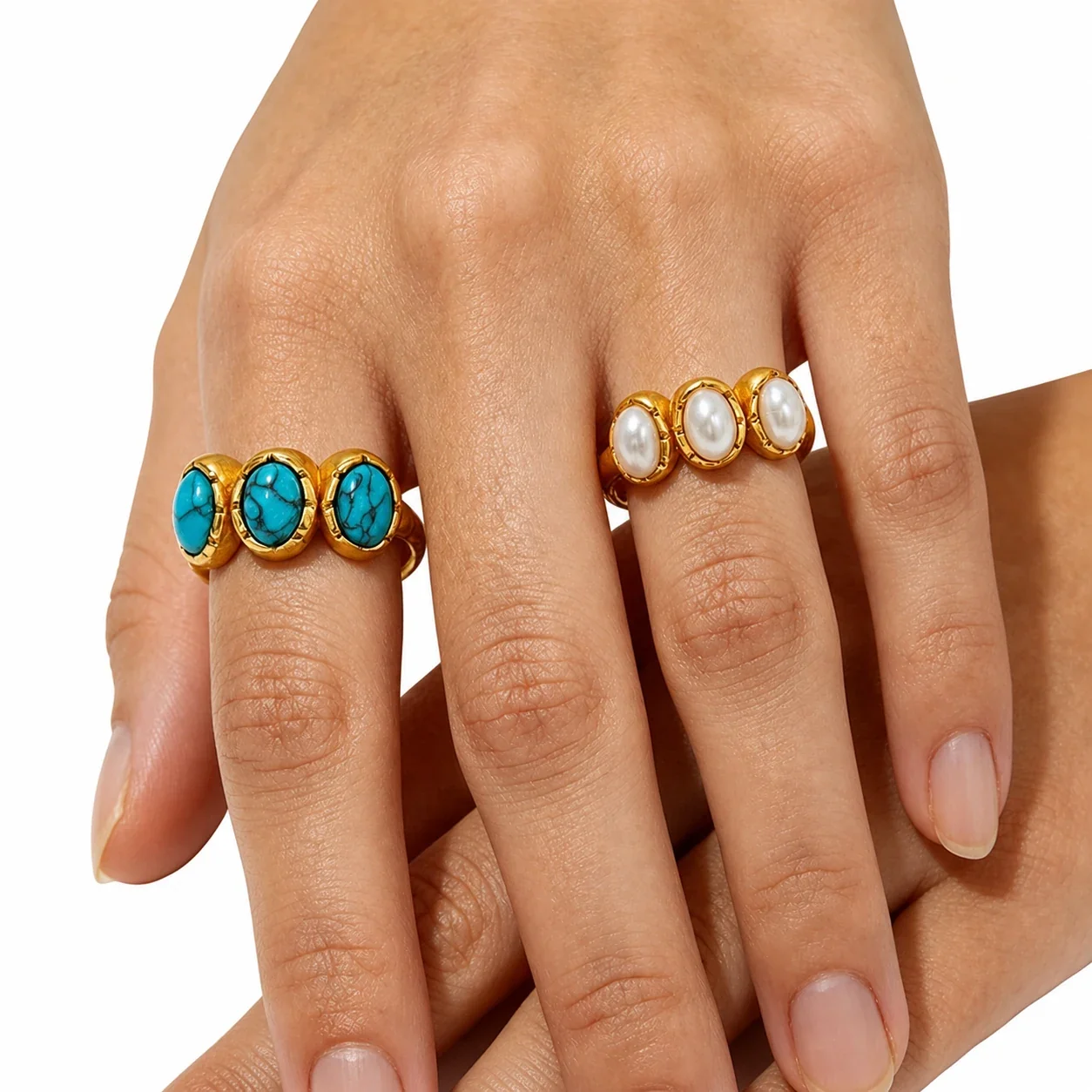 Triple Oval Stone Gold-Plated 316 Stainless Steel Open Ring
