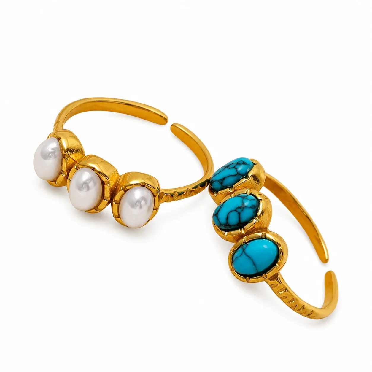 Triple Oval Stone Gold-Plated 316 Stainless Steel Open Ring