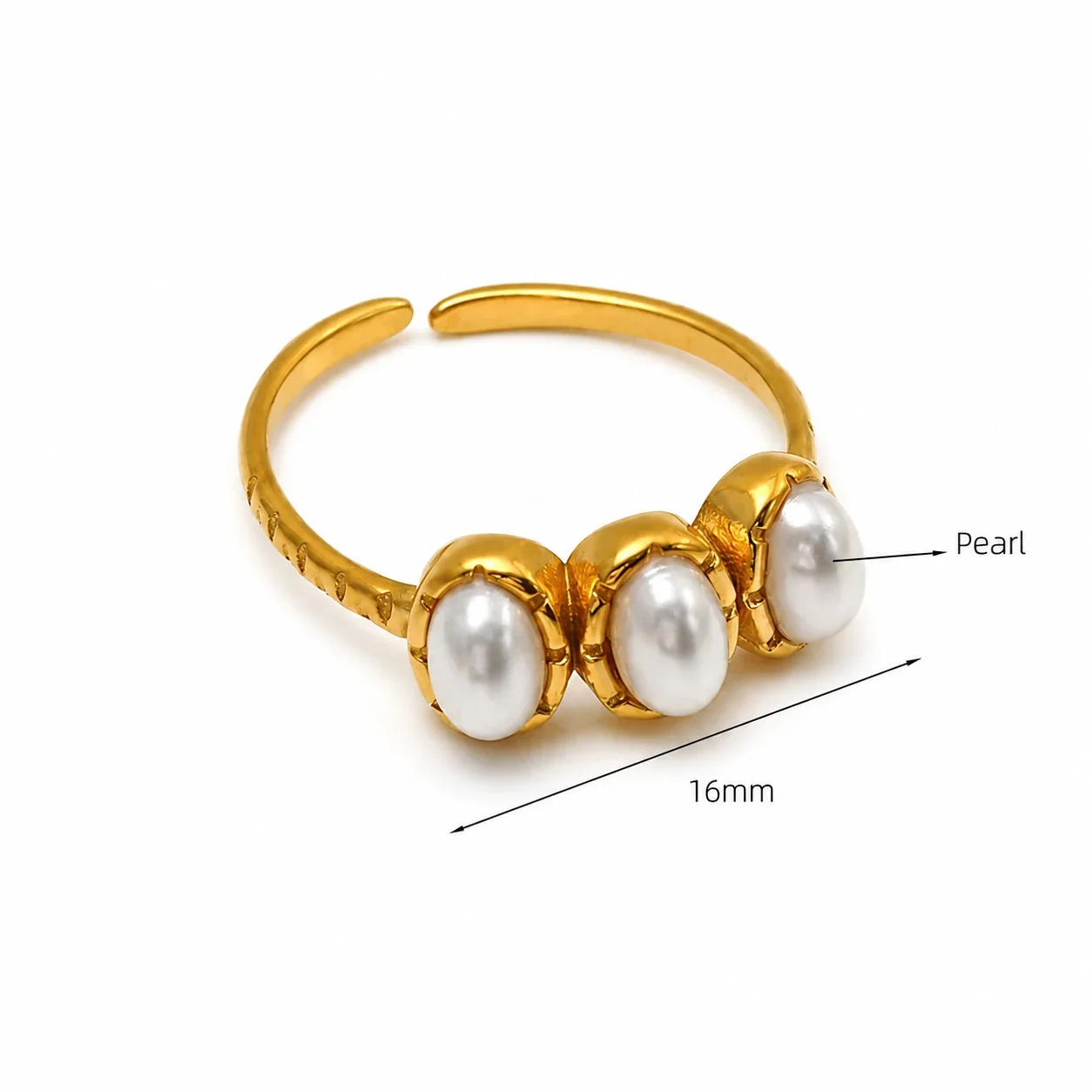 Triple Oval Stone Gold-Plated 316 Stainless Steel Open Ring - Gold Pearl