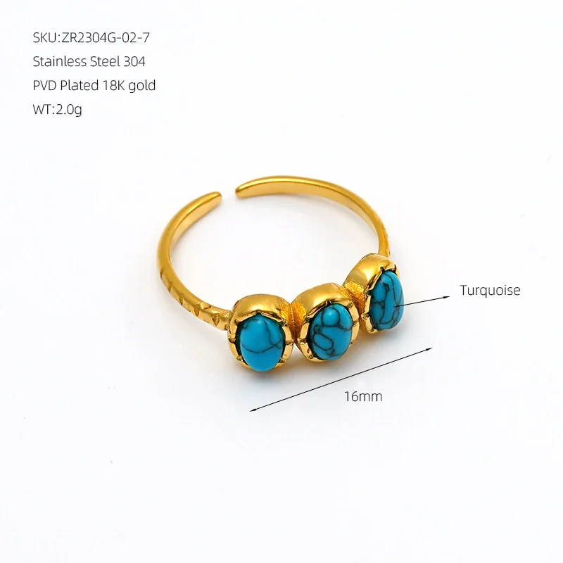 Triple Oval Stone Gold-Plated 316 Stainless Steel Open Ring - Gold Turquoise